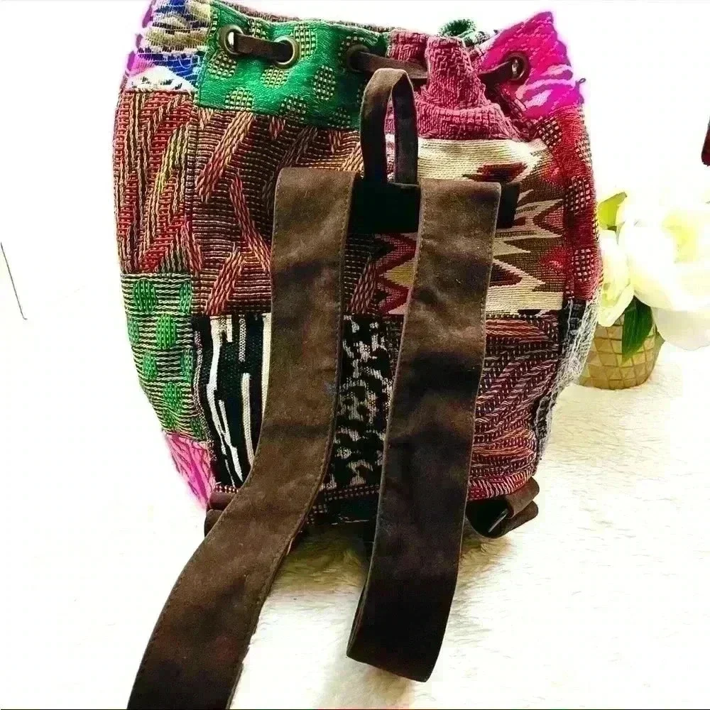 Handcrafted Patchwork Bucket Boho Hobo Drawstring Tassel Backpack Bag